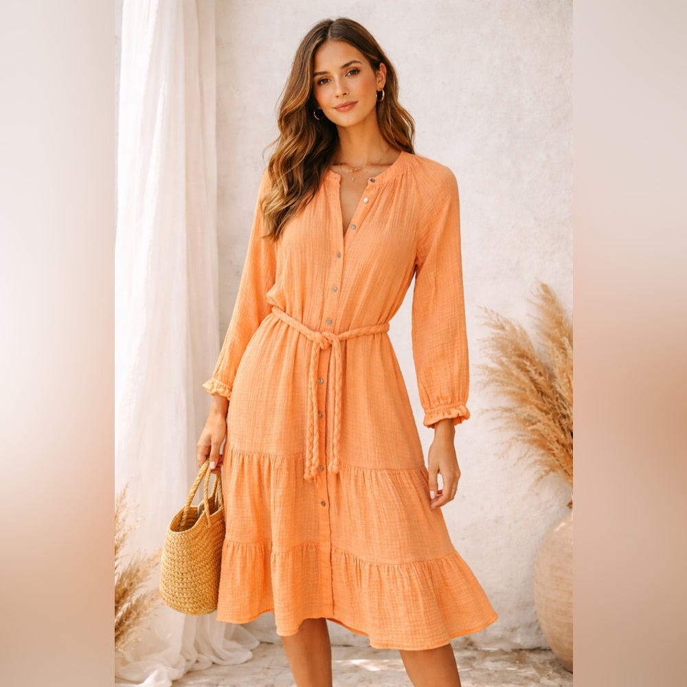 100% Organic Cotton Gauze Midi Dress Magonshoni Small Peach Boho Cottagecore